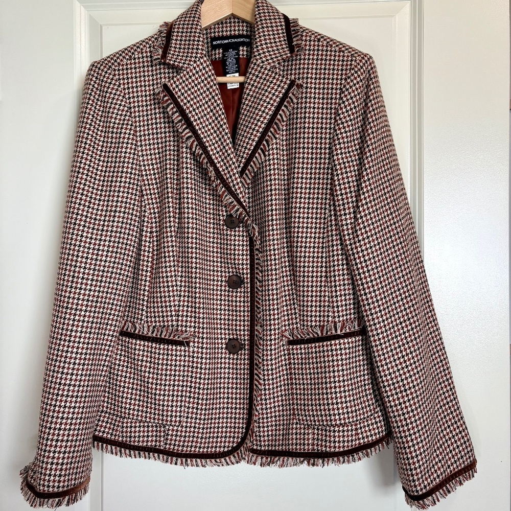 Vintage 90s Y2K Norton McNaughton Houndstooth Brown Blazer Women's Sz 12 Fringe